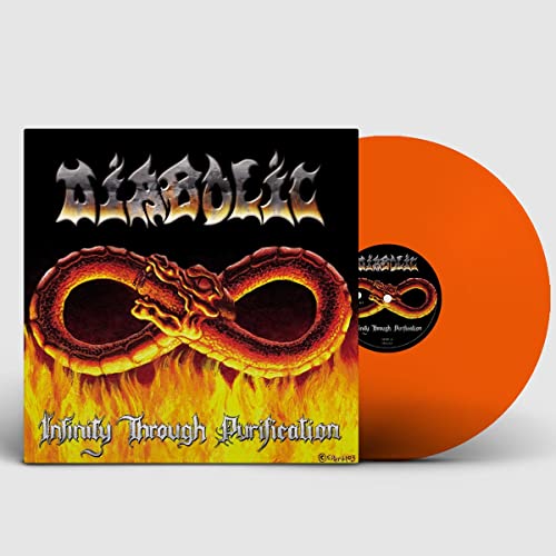 Vinyl record of Diabolic’s “Infinity Through Purification” with fiery dragon artwork.