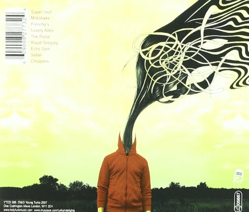 "Album cover with four hooded figures and abstract black lines on yellow background."