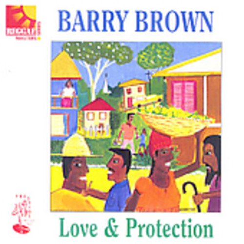 "Album cover with colorful village scene and title 'Love & Protection' by Barry Brown."