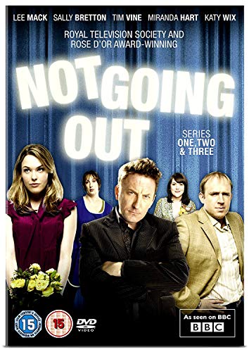 "Not Going Out" DVD cover featuring main characters and blue curtain background.