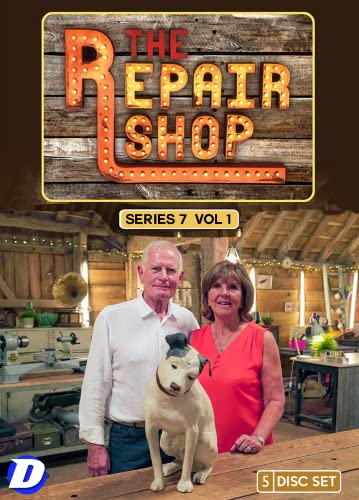 DVD cover for "The Repair Shop: Series 7 Vol 1" with people and a dog.