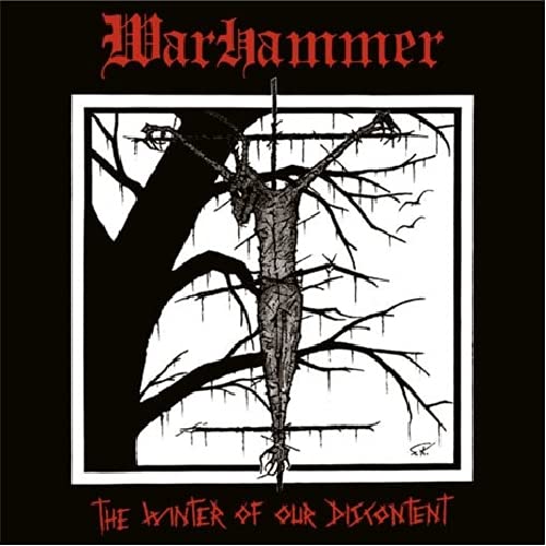 Warhammer album cover: black and white drawing of a hanging figure.