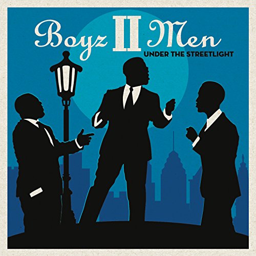 "Album cover with silhouettes of three men under a streetlight, blue cityscape background."