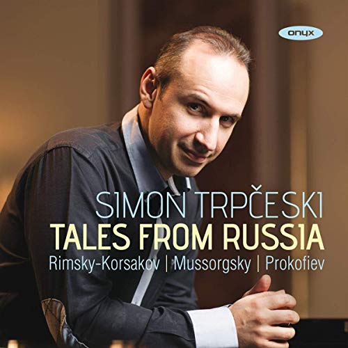 CD cover featuring pianist Simon Trpceski, portrait, dark suit.