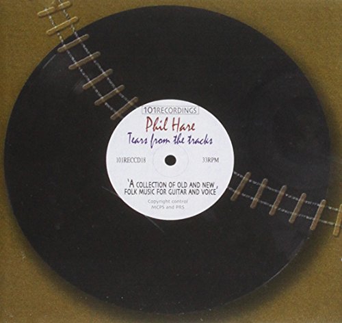 Black vinyl record with white label, resembling a guitar, on a brown background.