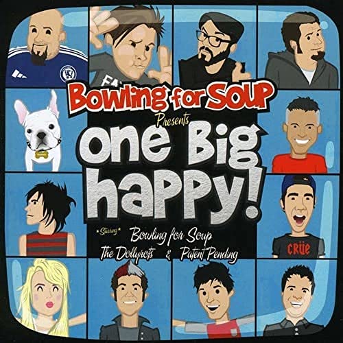 Album cover featuring cartoon portraits of band members and a dog in a grid.