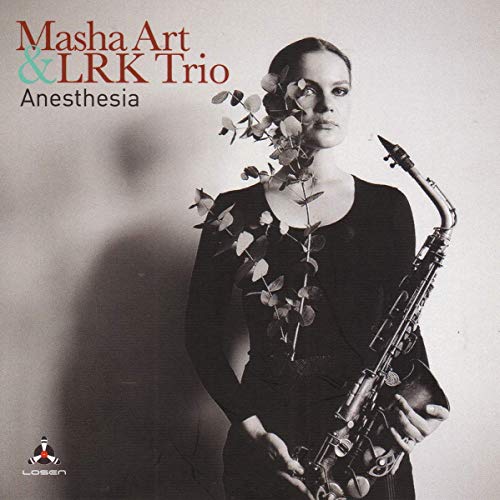 Woman holding saxophone, leaves covering her face, on a monochrome album cover.