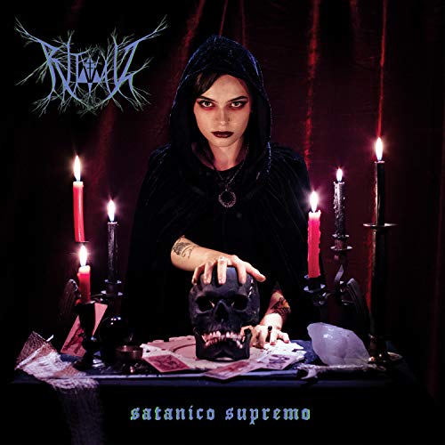 Hooded figure with skull and candles, album cover for "Satanico Supremo".