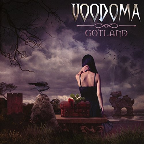 "Album cover with a woman sitting on a stone bench, surrounded by dark scenery."