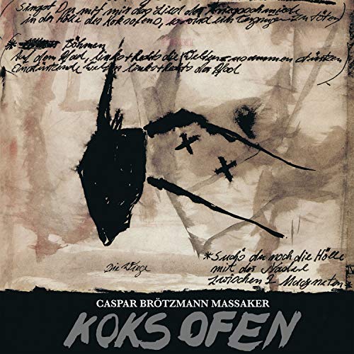"Album cover with abstract black shapes and handwritten text on a beige background."
