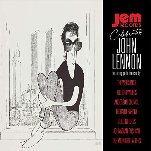 "Black and white illustration of John Lennon on a black album cover with red text."