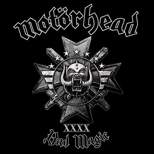 "Black album cover with silver 'Motörhead' text, star emblem, and 'Bad Magic' title."