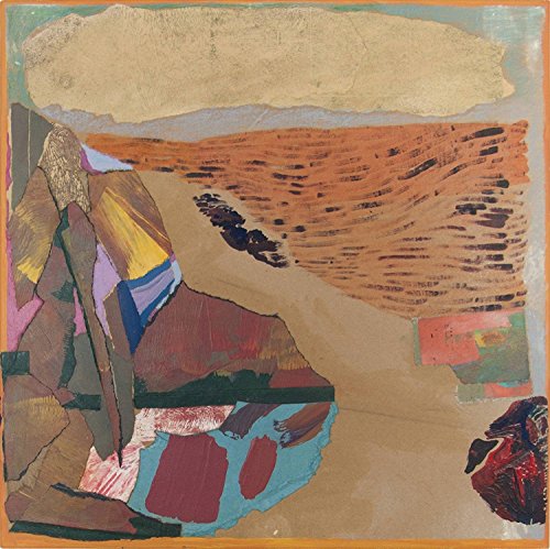 Abstract landscape painting with textured layers of brown, blue, and red.