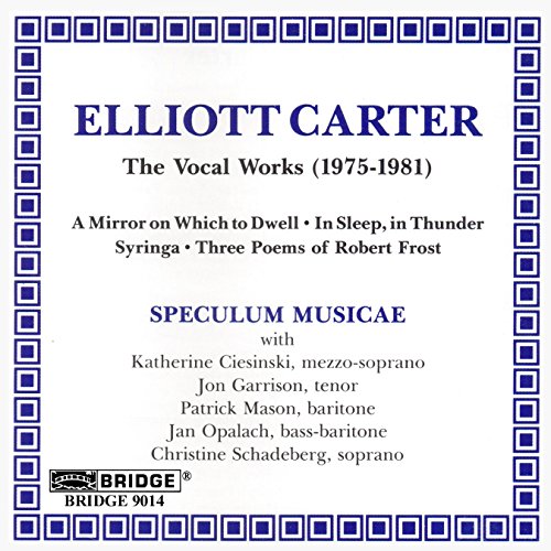"Elliott Carter CD cover with blue border and text on white background."