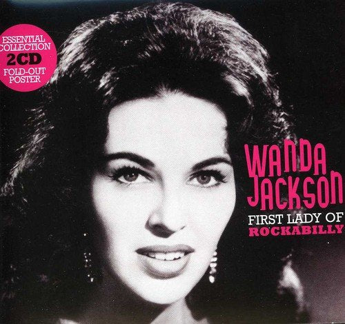 CD cover with black-and-white portrait of Wanda Jackson and pink text overlay.