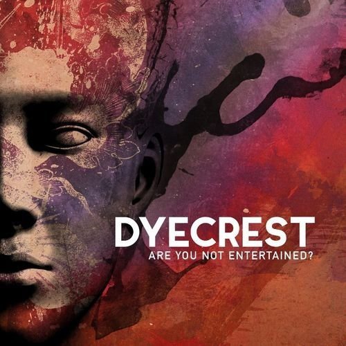 "Dyecrest album cover featuring a face and abstract design in red and purple hues."