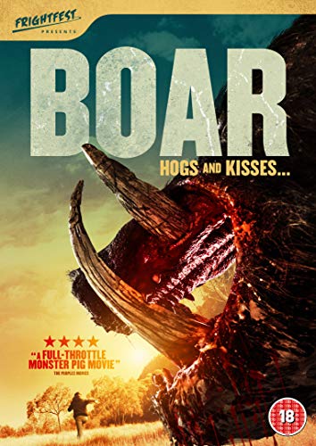 "Boar DVD cover featuring a large, bloody boar's head with sharp tusks."