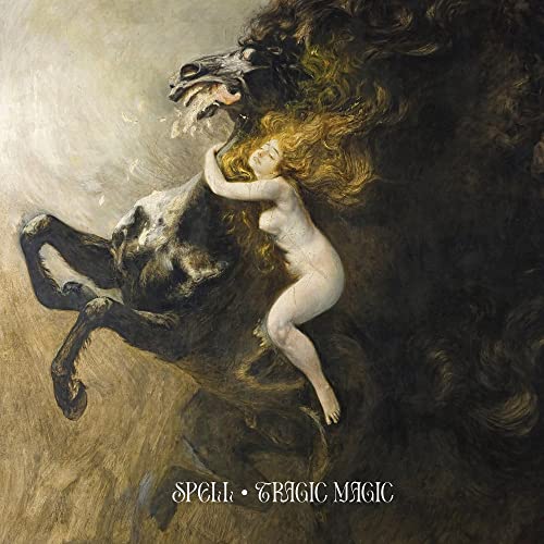 Painting of a woman embraced by a rearing, dark horse; album cover.