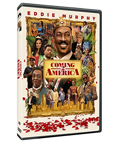 Coming 2 America" DVD cover featuring Eddie Murphy and a royal portrait collage.