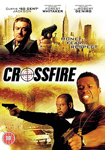 "DVD cover for 'Crossfire' featuring men with guns and a cityscape background."