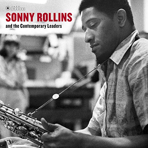 Black and white portrait of Sonny Rollins playing a saxophone.