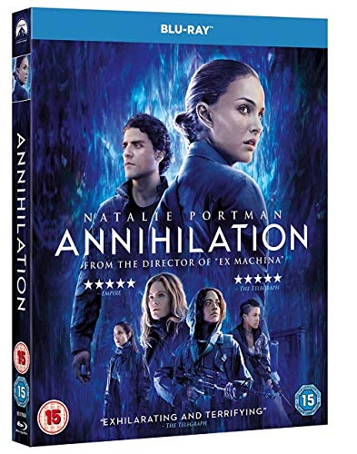 Annihilation" Blu-ray cover featuring Natalie Portman and cast in a blue, distorted landscape.