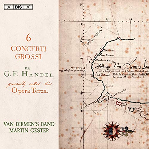 CD cover: text listing Handelās ā6 Concerti Grossiā over a map background.