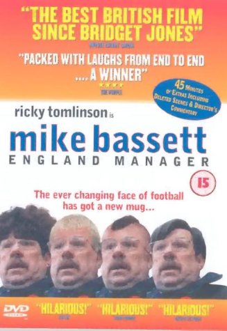 The DVD cover for "Mike Bassett: England Manager" featuring a man's multiple faces.