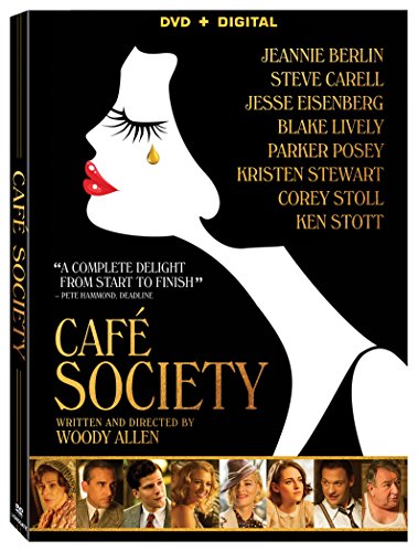 Cafe Society" DVD cover with a stylized woman’s face and cast names.