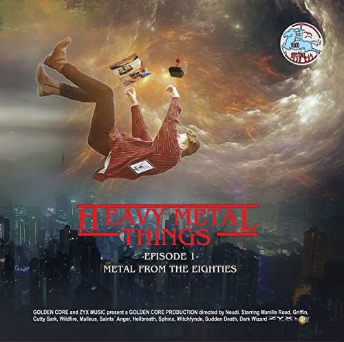 Album cover: man falling through a cloudy, city-filled sky, text “Heavy Metal Things”.