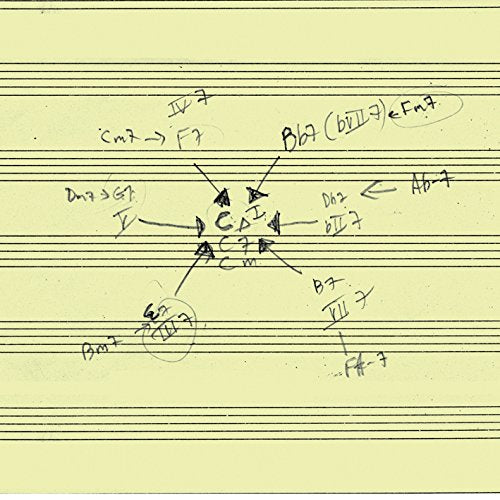 The image shows a sheet of music with handwritten notes. * The sheet is yellowed and has black staff lines. * Handwritten chord progressions and notes are written in the center. * Arrows connect various chords and notes, indicating relationships between them. Alt text: "Yellow sheet music with handwritten chord progressions and notes."