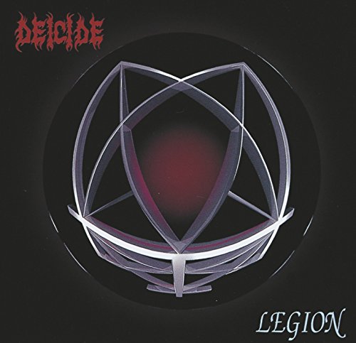 The image is an album cover for "Deicide - Legion" with a black background and a central pentagram. The alt text for this image could be: "Album cover with a black background and a silver pentagram."