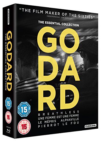 Blu-ray cover for "The Essential Godard" featuring a yellow "GO" and black/white image.