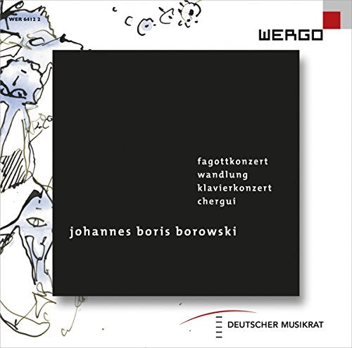 "CD cover with black square, white text, and abstract line art on white background."