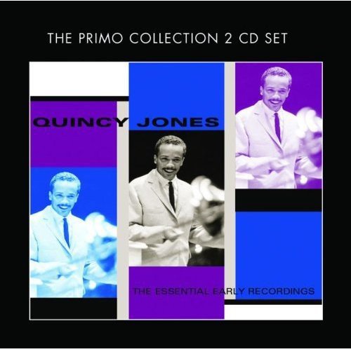 "CD cover with three images of Quincy Jones in a suit, on black background."