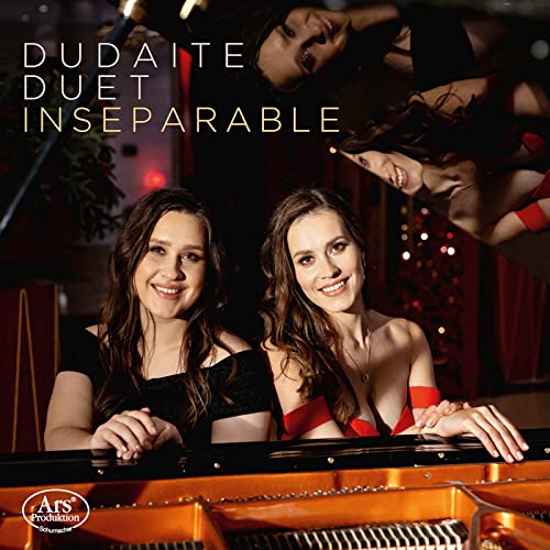 CD cover: two women with a piano, mirrored images, text “Dudaite Duet”.