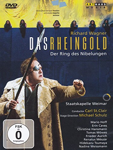 DVD cover for "Das Rheingold" featuring a man holding a spear against a blue background.
