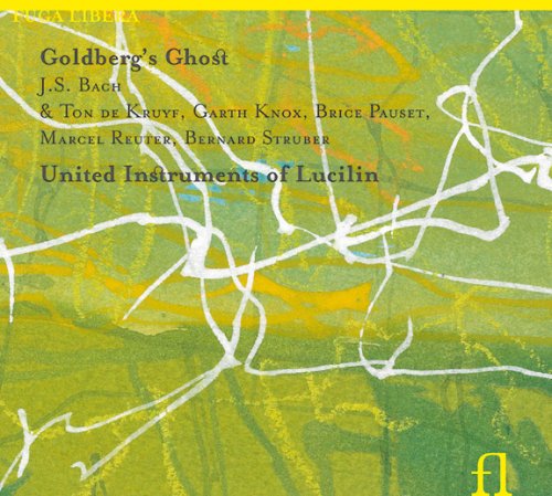 "Album cover with green abstract background, white lines, and black text, featuring 'Goldberg's Ghost'."