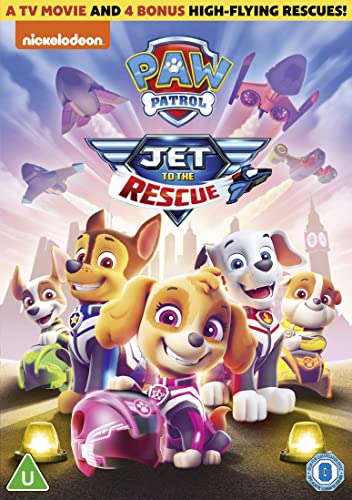 Paw Patrol characters with a jet and cityscape on a DVD cover.