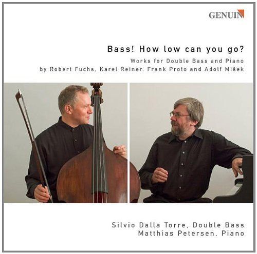 "CD cover with two men, one holding a double bass, against a white background."