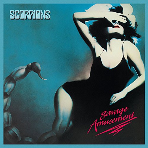 "Vinyl album cover featuring a woman and a scorpion tail against a blue background."