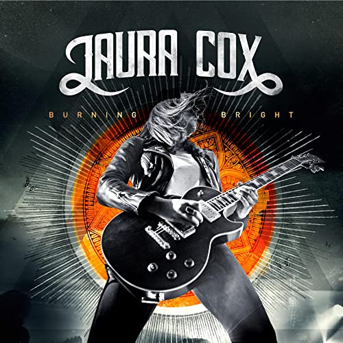 Album cover for Laura Cox's "Burning Bright" featuring a guitarist.
