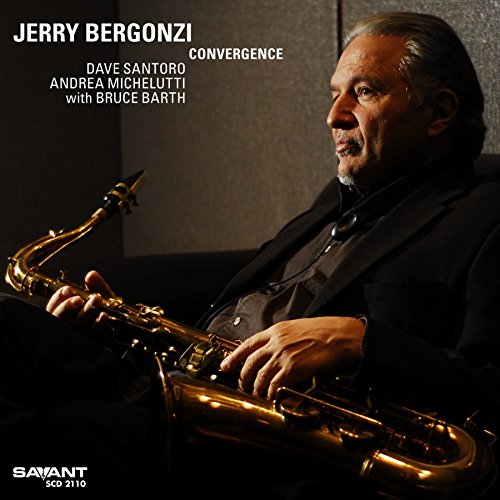 Jerry Bergonzi holding a saxophone, wearing a black shirt, on a dark background.