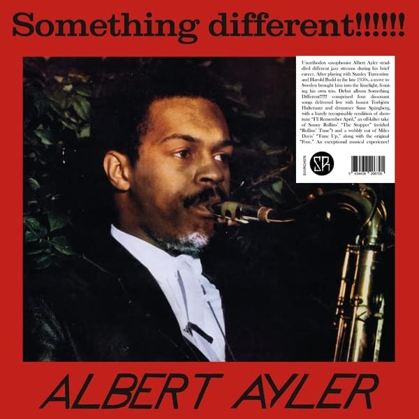 Albert Ayler playing saxophone on red album cover, with text and barcode.