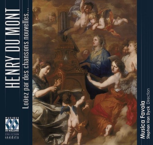 "CD cover with Renaissance-style painting of women and cherubs, dark blue borders."