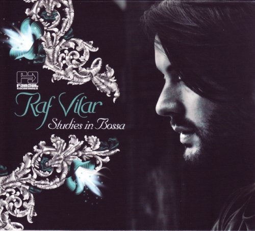 "Album cover with a man's profile and ornate silver designs on a black background."
