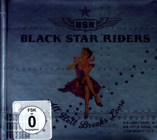 "Album cover featuring pin-up girl on metal plate with 'Black Star Riders' and 'All Hell Breaks Loose'."