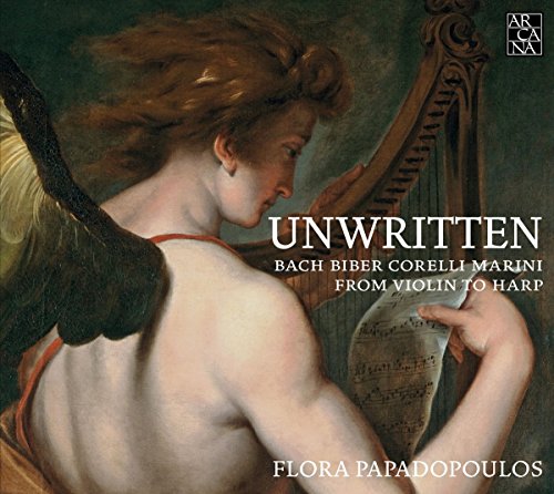 "Album cover featuring an angel playing a harp, with sheet music and text."