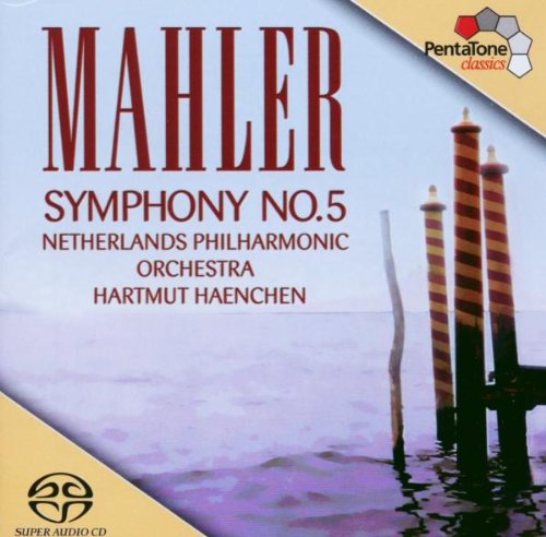 "CD cover featuring Mahler's Symphony No. 5 with striped poles in water."