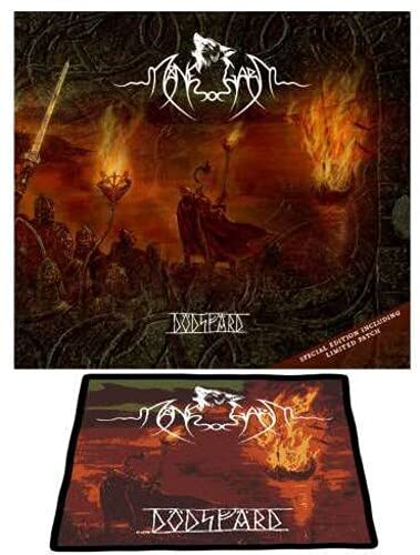 Manegarm CD cover and patch depicting a dark, fiery battle scene.